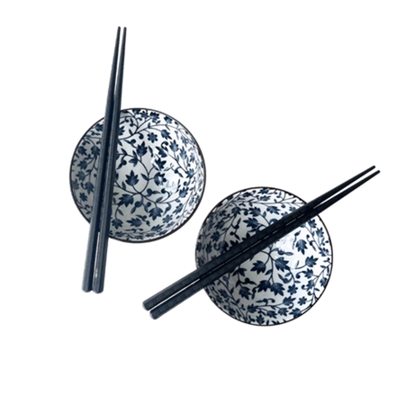 Zestaw misek z pałeczkami z motywem niebieskich kwiatków