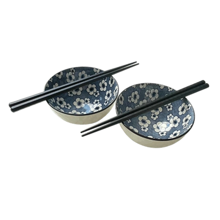 Zestaw niebieskich misek z pałeczkami z motywem białych kwiatków