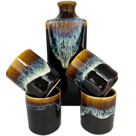 Zestaw do sake czarno-niebiesko-brązowy (karafka + 4 czarki)