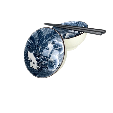 Zestaw niebieskich misek z pałeczkami z motywem rzodkiewki