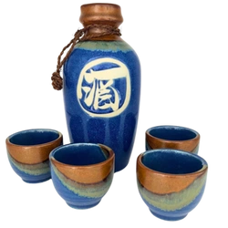 Zestaw do sake niebiesko-brązowy (karafka + 4 czarki)
