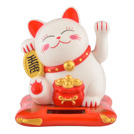 Kot szczęścia MANEKI-NEKO biały z czerwoną obrożą 10,5 cm